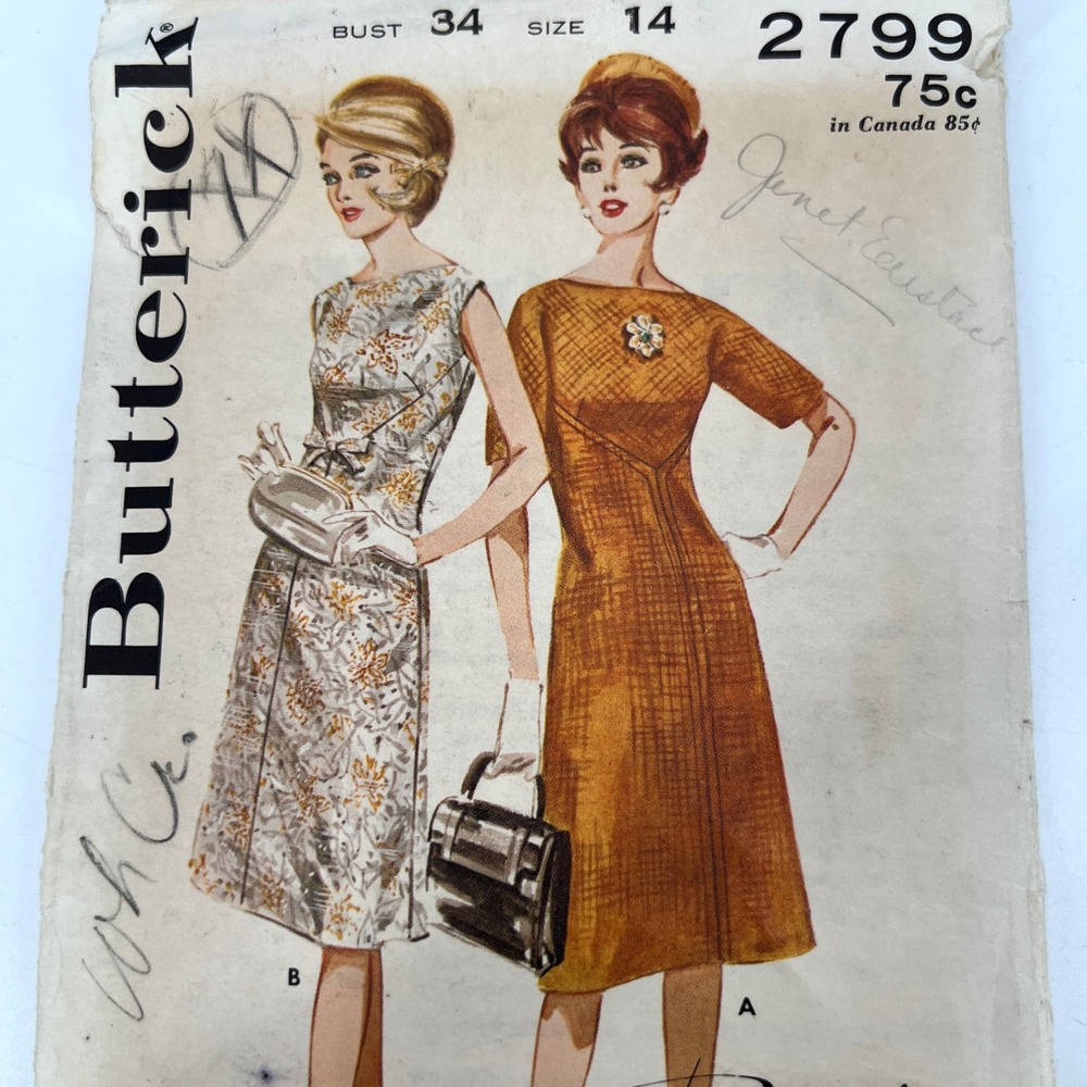 Vintage 60s Butterick Boutique Bateau Neck Dress Self Bow Retro Pinup Mad‎ Men